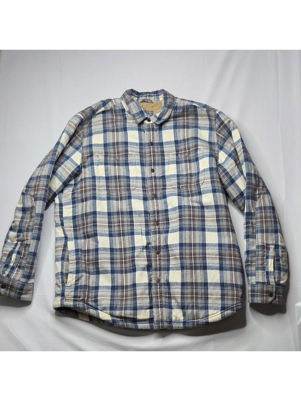 L.L. Bean Men's Large Sherpa-Lined Scotch Plaid Flannel Shirt Jacket Blue 505647